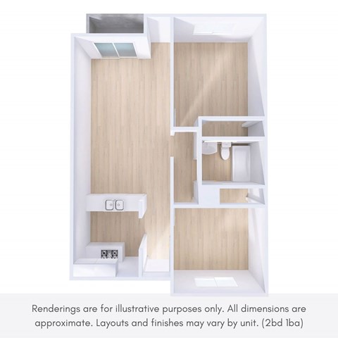 Floor plan for 2 beds, 1 bath, 950 sqft